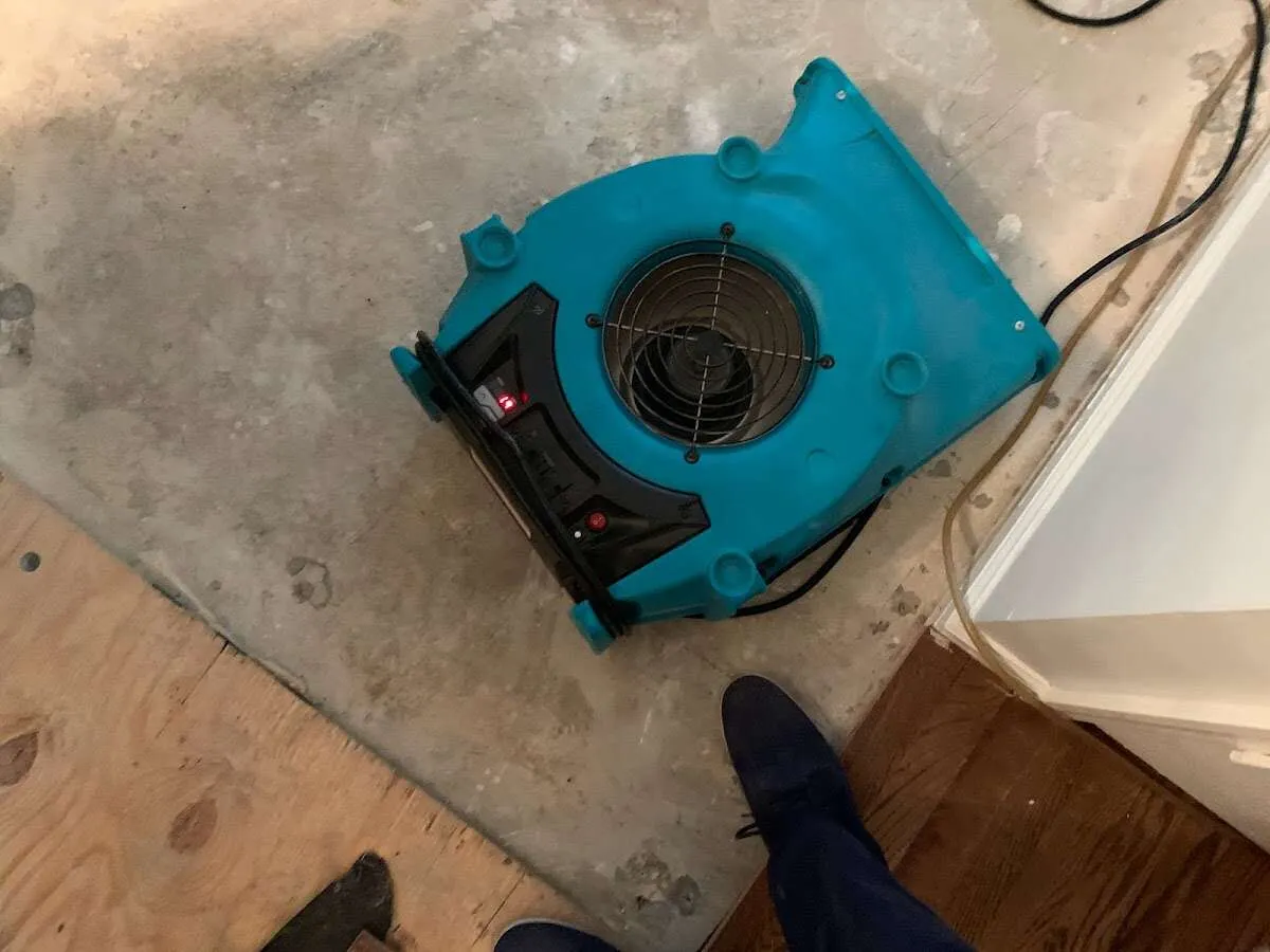 Air mover drying subfloor during Commercial Water Damage Restoration in Timnath